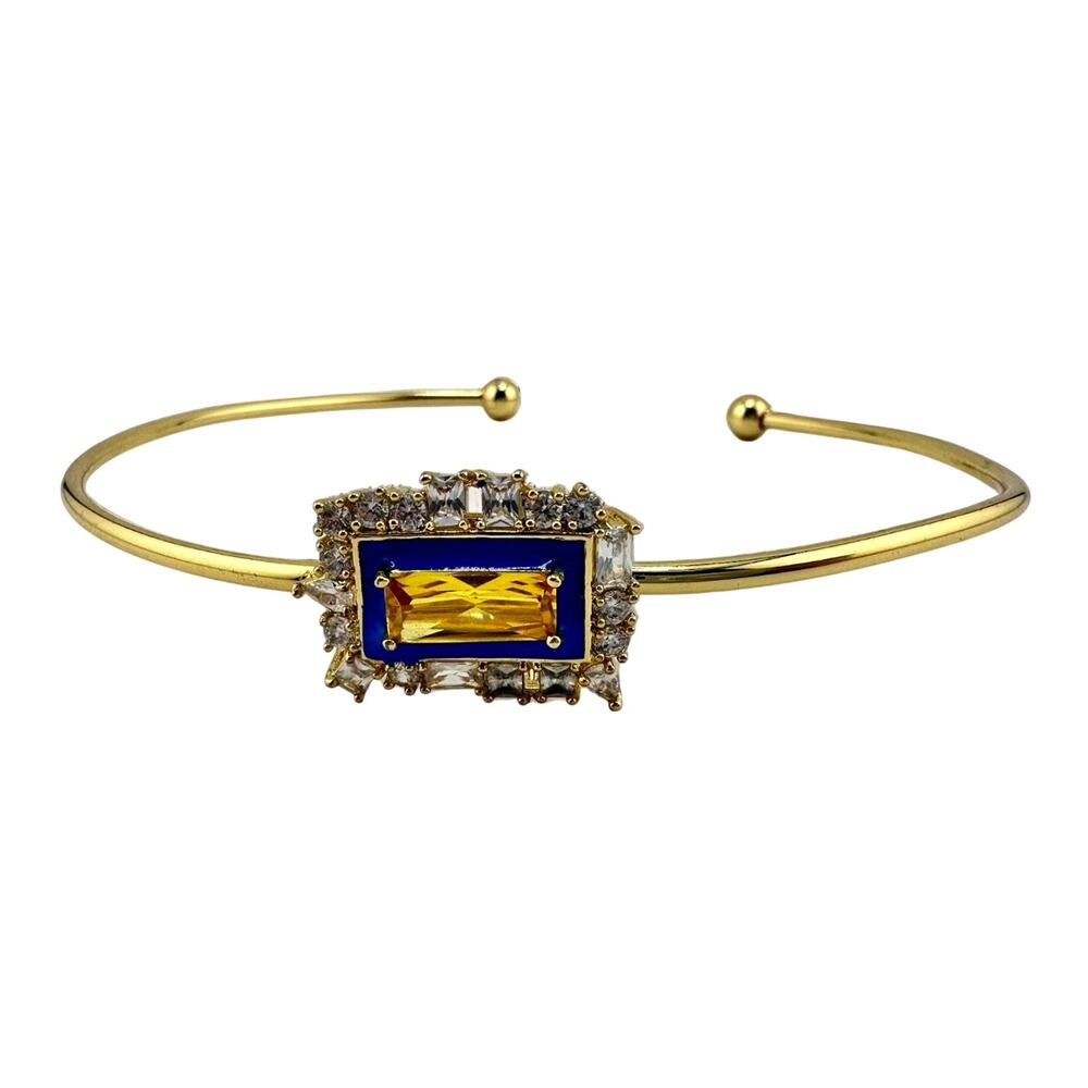 Fallon Gold Plated White Yellow Crystal Blue Enamel Designer Torque 13” Choker